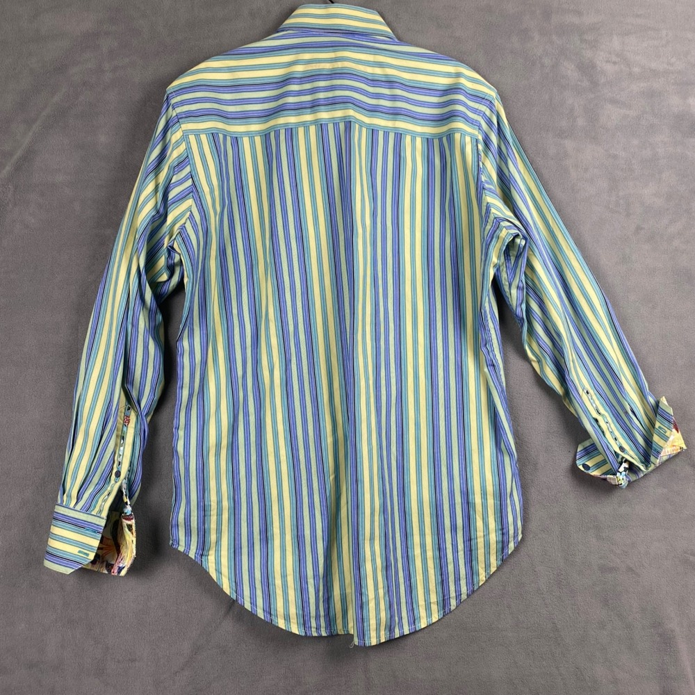 Robert Graham Mens Striped Button Down Shirt Blue Yellow Guitar Cuffs Size Small - Picture 9 of 10